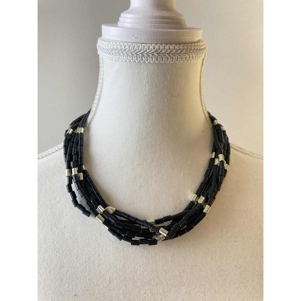 Vintage Multi Strand Black Tube Bead Necklace Gold Tone Spacer‎ Collar Couture